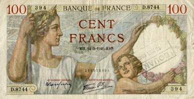 Billet de 100 francs SULLY dat 14-3-1940 avec cachet Douane 10 mei 1943 - face
