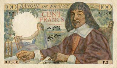 Billet de 100 francs DESCARTES - Du 15 mai 1942 au 19 mars 1945 - face