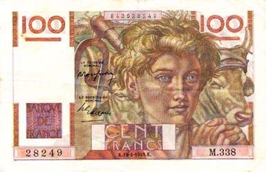 Billet de 100 francs JEUNE PAYSAN - Du 7 novembre 1945 au 1er avril 1954 - face