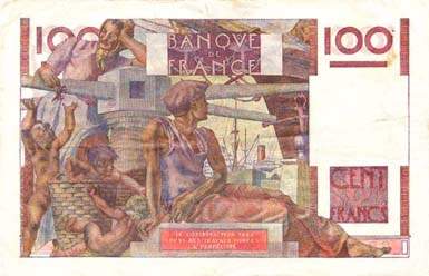 Billet de 100 francs JEUNE PAYSAN - Du 7 novembre 1945 au 1er avril 1954 - dos