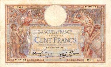 Billet de 100 francs MERSON modifi� - Du 9 septembre 1937 au 14 sept. 1939 - face