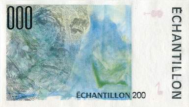 Billet de 200 francs MAURICE RAVEL - Billet échantillon servant au calage des distributeurs de billets - dos