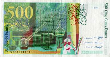Billet de 500 francs PIERRE ET MARIE CURIE - De 1994 � 2000 - dos