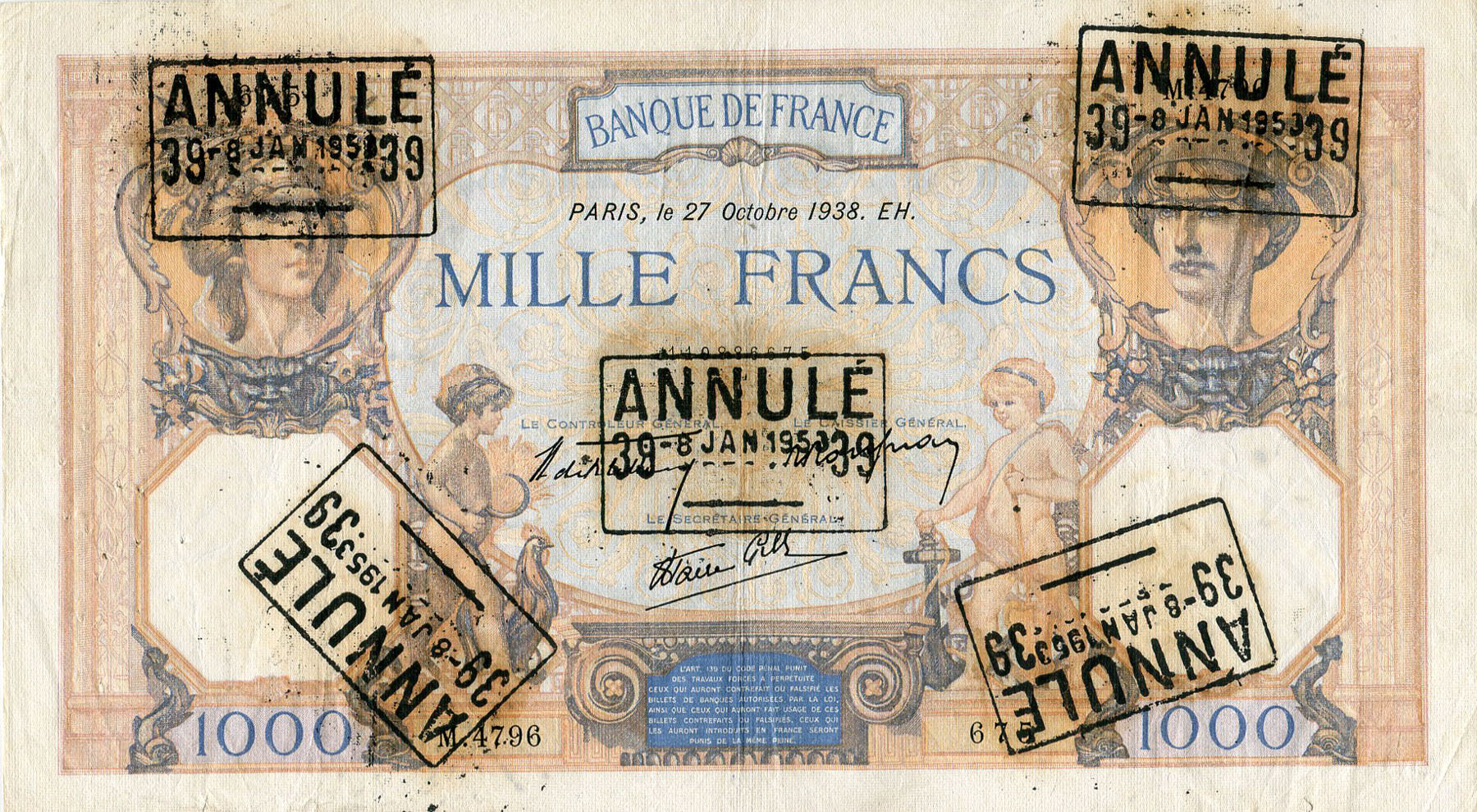 Billet de 1000 francs CERES et MERCURE daté 27-10-1938 avec cachet Annulé 8 janvier 1953 - face