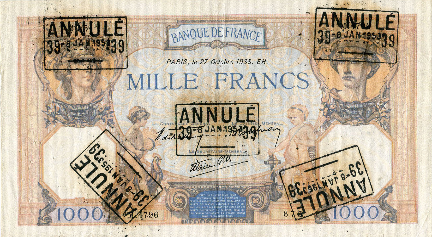 Billet de 1000 francs CERES et MERCURE dat&eacute; 27-10-1938 avec cachet Annul&eacute; 8 janvier 1953 - face