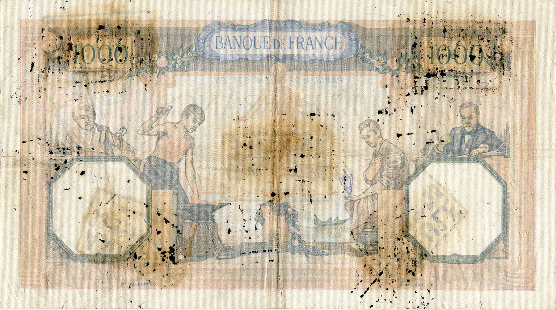 Billet de 1000 francs CERES et MERCURE dat&eacute; 27-10-1938 avec cachet Annul&eacute; 8 janvier 1953 - dos