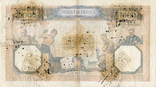 Billet de 1000 francs CERES et MERCURE dat&eacute; 27-10-1938 avec cachet Annul&eacute; 8 janvier 1953 - dos