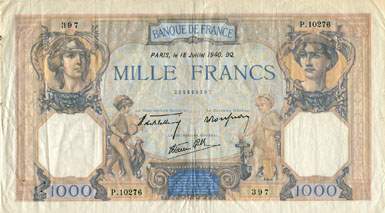 Billet de 1000 francs CERES ET MERCURE modifi� - Du 8 juillet 1937 au 18 juillet 1940 - face
