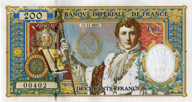 Billet fantaisie 200 francs de la Banque Imp�riale de France dat� 12-11-2021 - s�rie U03 - n� 00402 - oeuvre de Franck Medina - face