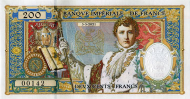 Billet fantaisie 200 francs de la Banque Imp�riale de France dat� 5-5-2021 - n� 00142 - oeuvre de Franck Medina - face