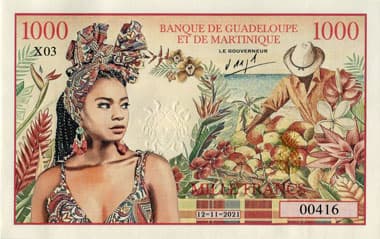Billet fantaisie 1000 francs de la Banque de Guadeloupe et de Martinique dat� 12-11-2021 - s�rie X03 - n� 00416 - oeuvre de Franck Medina - face