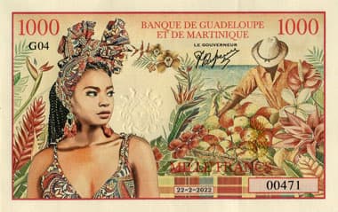 Billet fantaisie 1000 francs de la Banque de Guadeloupe et de Martinique dat� 22-2-2022 - s�rie G04 - n� 00471 - oeuvre de Franck Medina - face