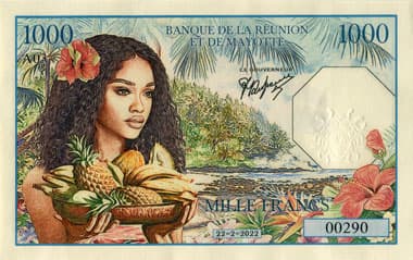 Billet fantaisie 1000 francs de la Banque de la R�union et de Mayotte dat� 22-2-2022 - s�rie A03 - n� 00290 - oeuvre de Franck Medina - face