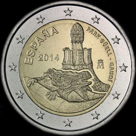 Espagne 2014 - Antoni Gaudi - Parc G�ell de Barcelone - H�ritage Mondial de l'Unesco - 2 euro comm�morative