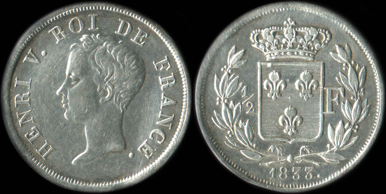 Pi�ce de 1/2 franc Henri V Roi de France 1833