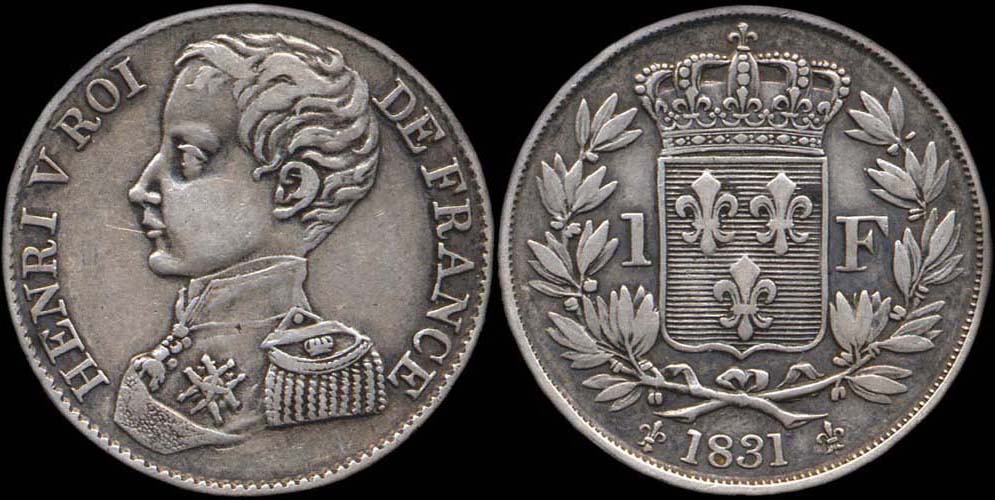 Pi�ce de 1 franc Henri V Roi de France 1831