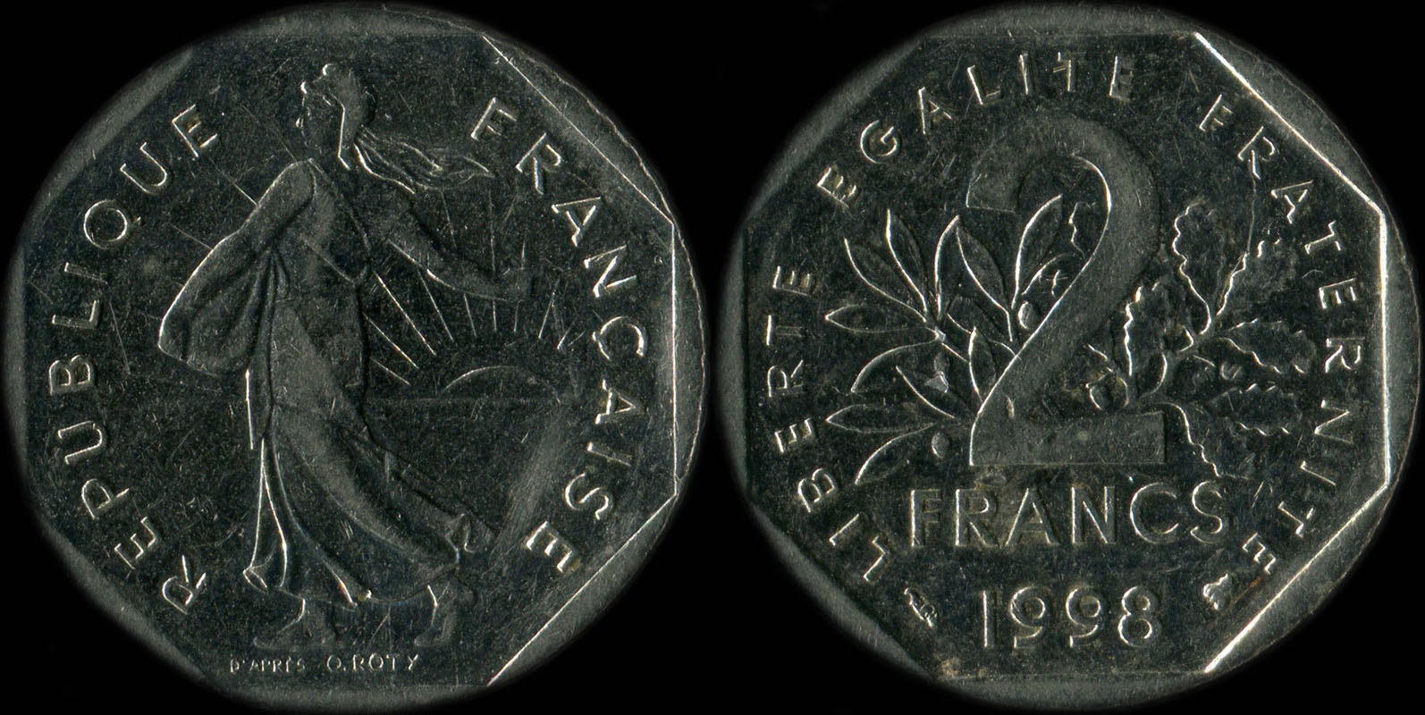 Pi�ce de 2 francs Semeuse 1998 avec point entre O et ROTY