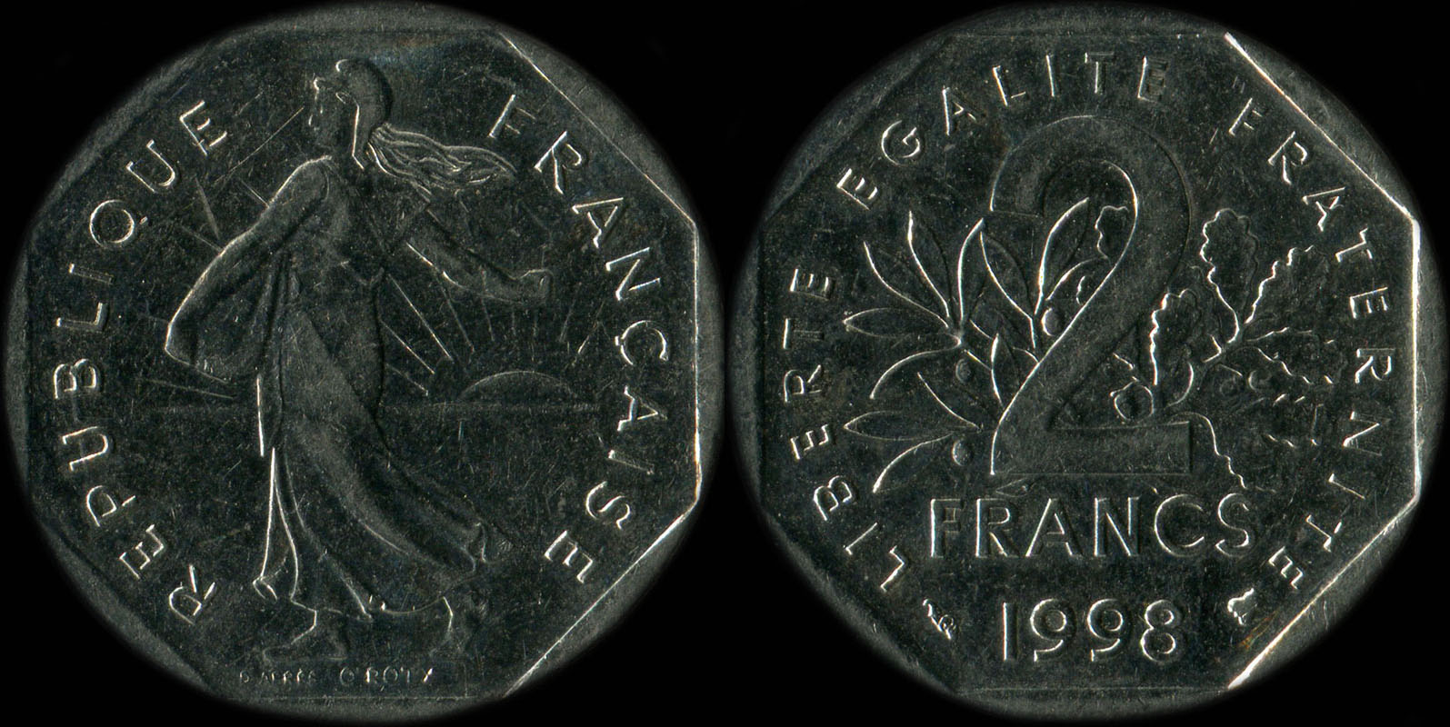 Pièce de 2 francs Semeuse 1998 sans point entre O et ROTY