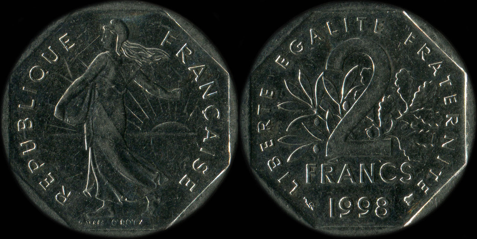Pi�ce de 2 francs Semeuse 1998 sans point entre O et ROTY