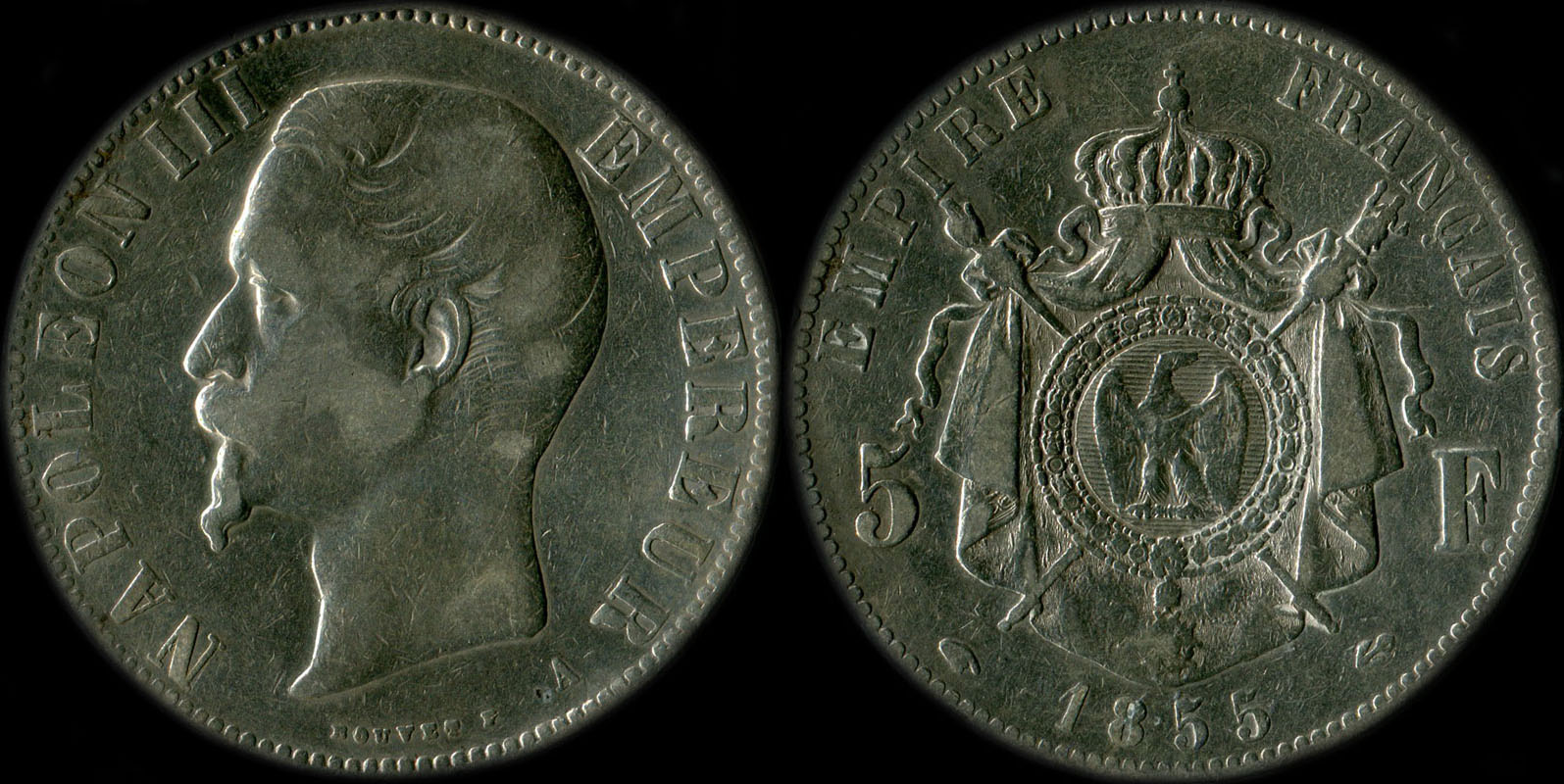 Pièce de 5 francs Napoléon III tête nue 1855A