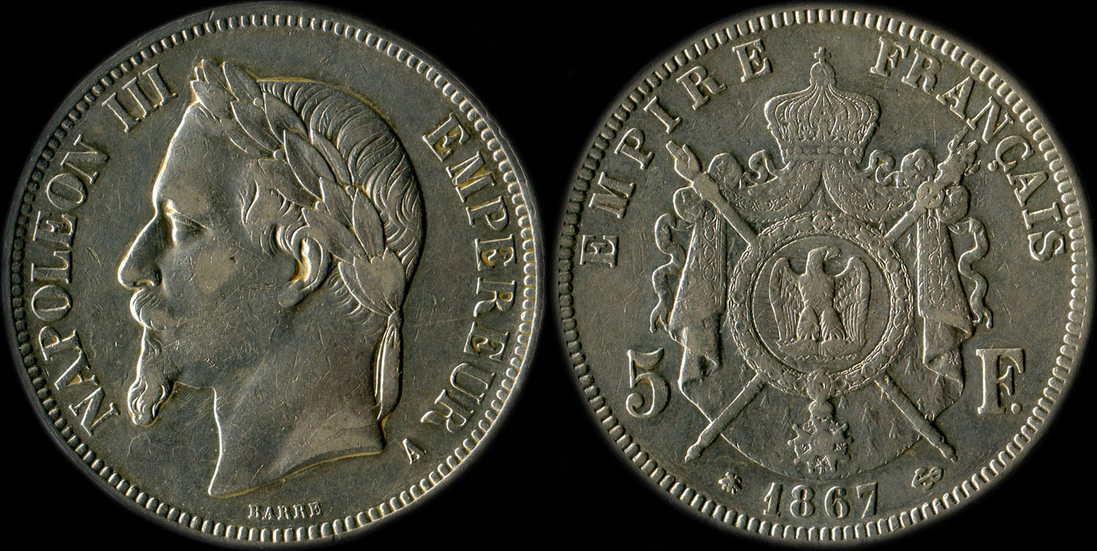 Pièce de 5 francs Napoléon III tête laurée 1867A