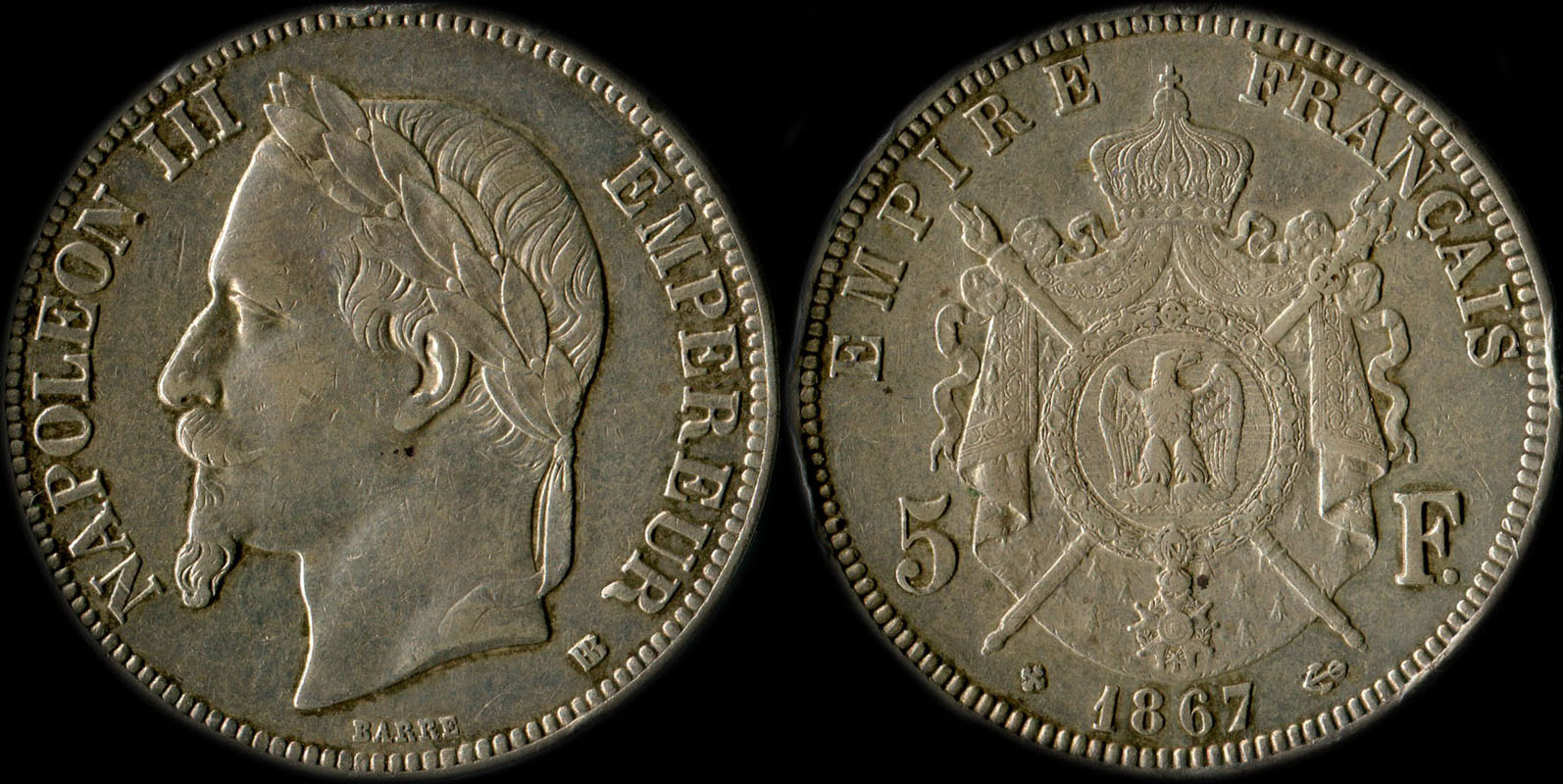 Pièce de 5 francs Napoléon III tête laurée 1867BB