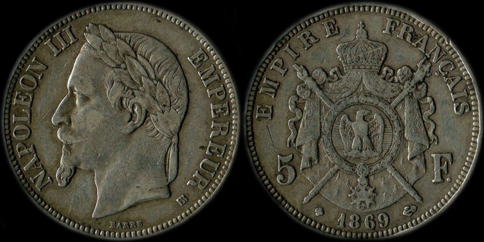 Pièce de 5 francs Napoléon III tête laurée 1869BB