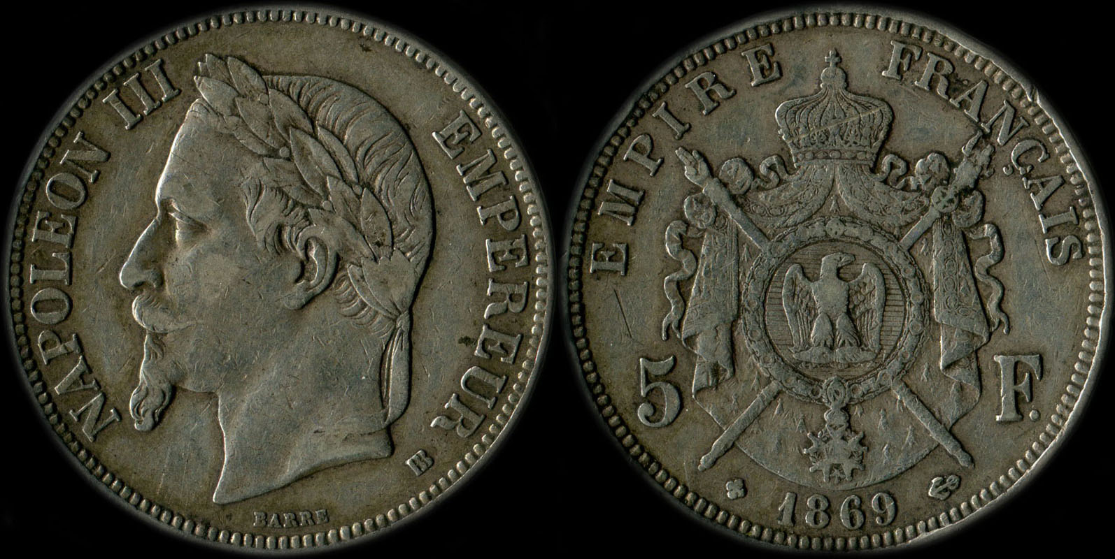 Pi�ce de 5 francs Napol�on III t�te laur�e 1869BB