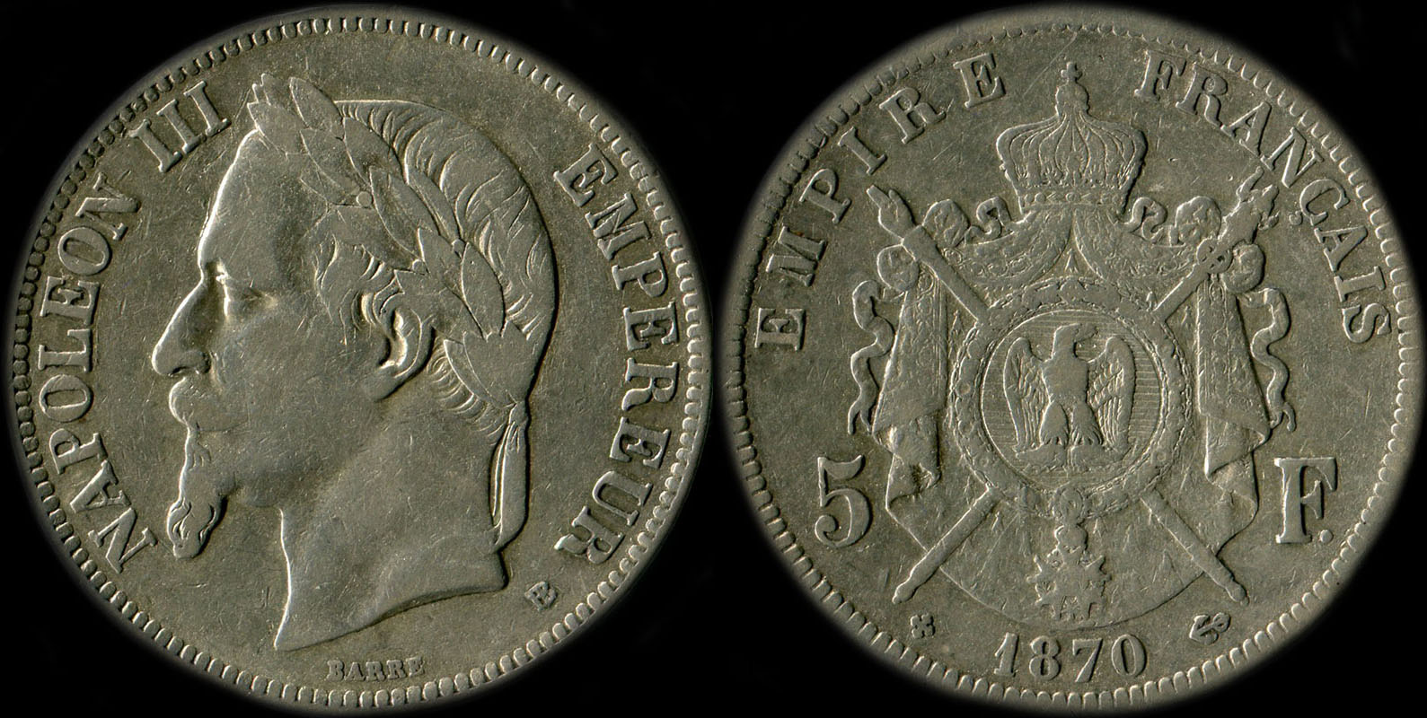 Pièce de 5 francs Napoléon III tête laurée 1870BB