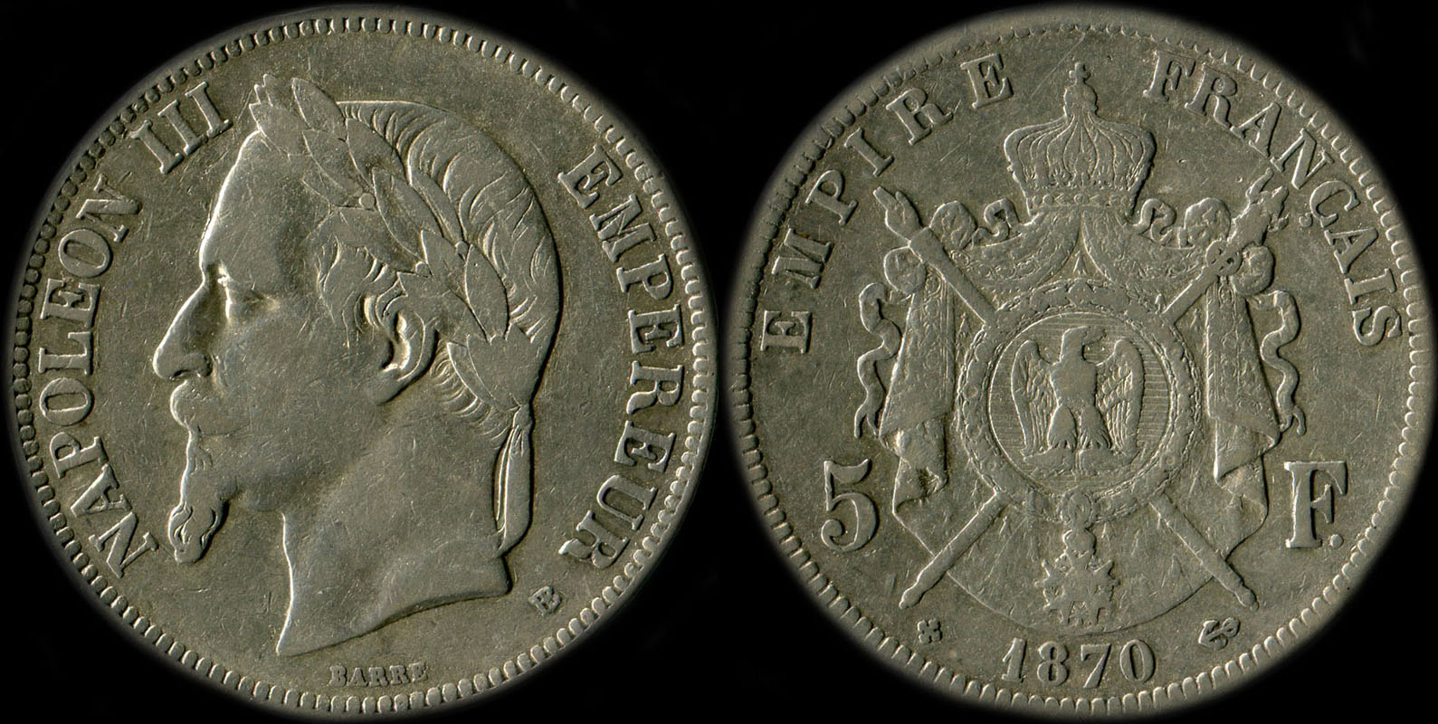 Pi�ce de 5 francs Napol�on III t�te laur�e 1870BB