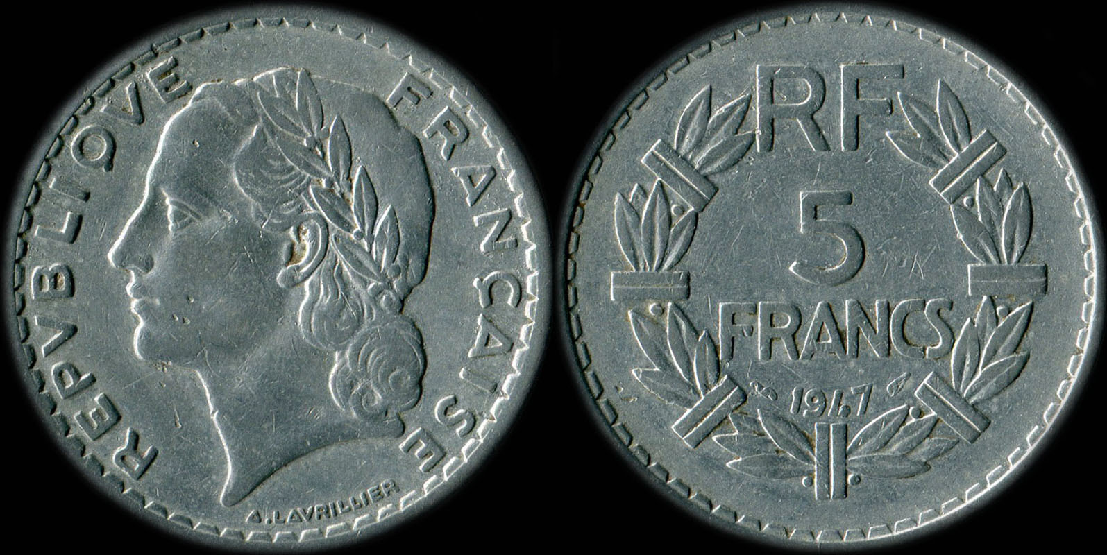 Pi�ce de 5 francs Lavrillier 1947 aluminium avec 9 ferm�