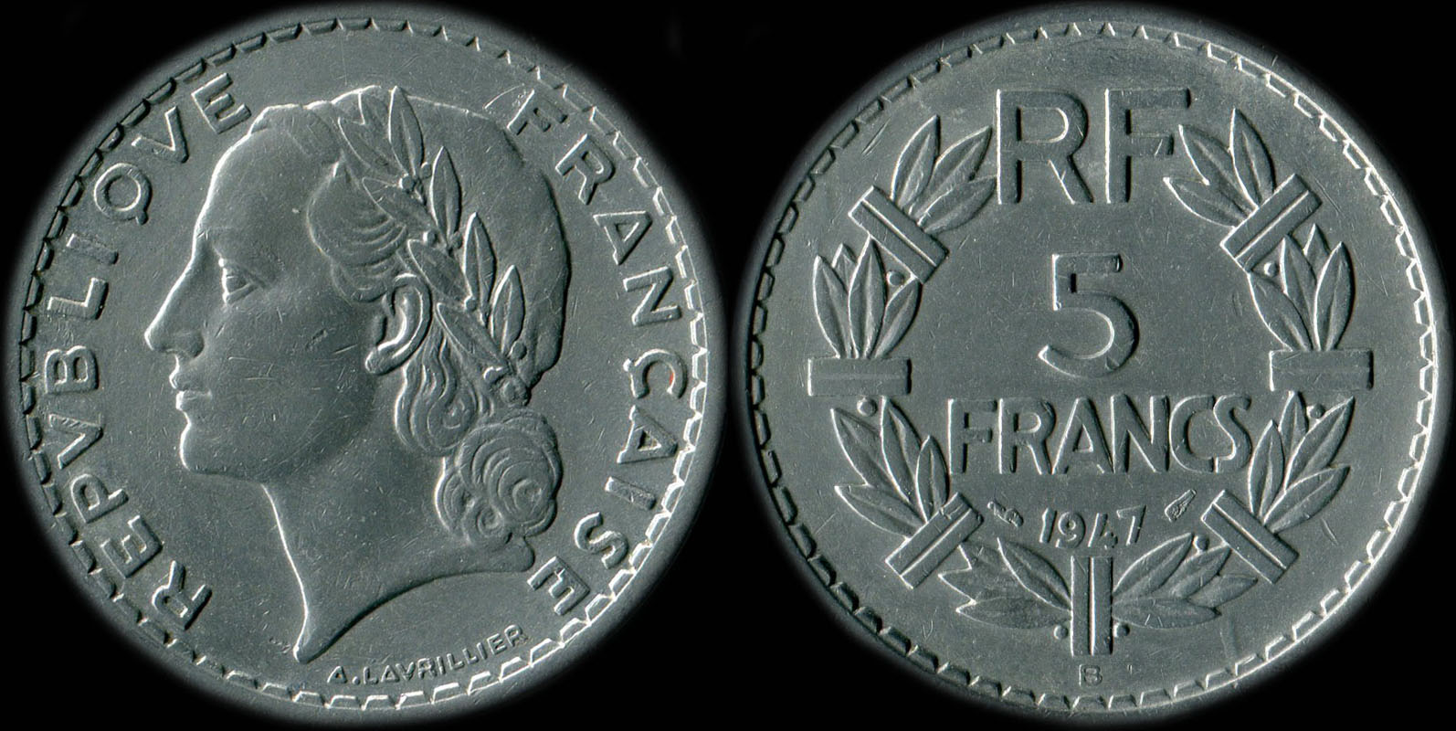 Pièce de 5 francs Lavrillier 1947B aluminium avec 9 fermé