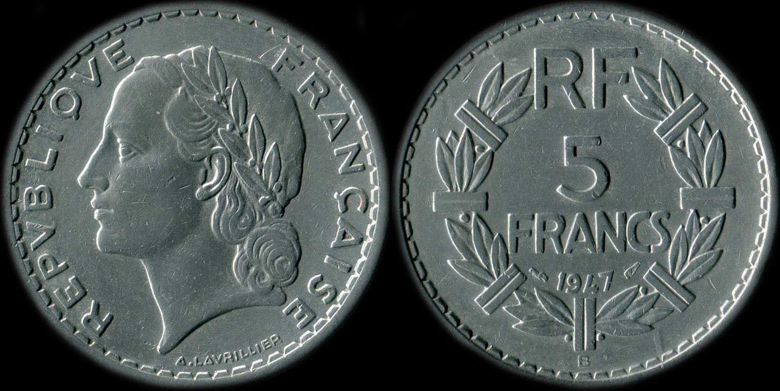 Pi�ce de 5 francs Lavrillier 1947B aluminium avec 9 ferm�