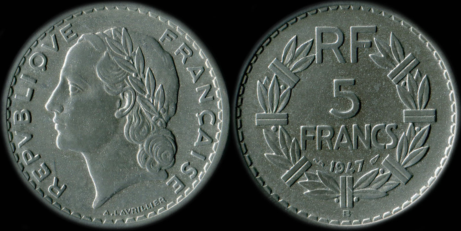 Pi�ce de 5 francs Lavrillier 1947 aluminium avec 9 ouvert