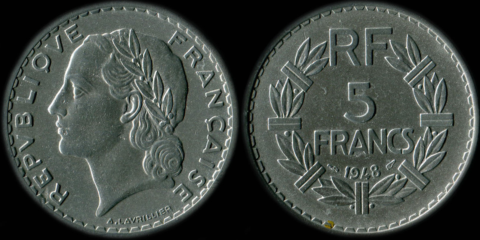 Pièce de 5 francs Lavrillier 1948 aluminium avec 9 ouvert