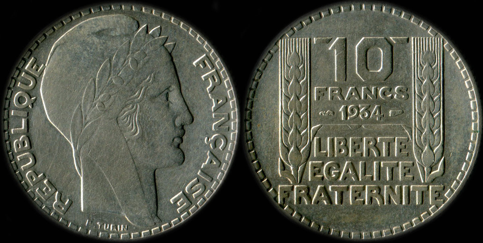 Pièce de 10 francs Turin argent 1934 variante du 3