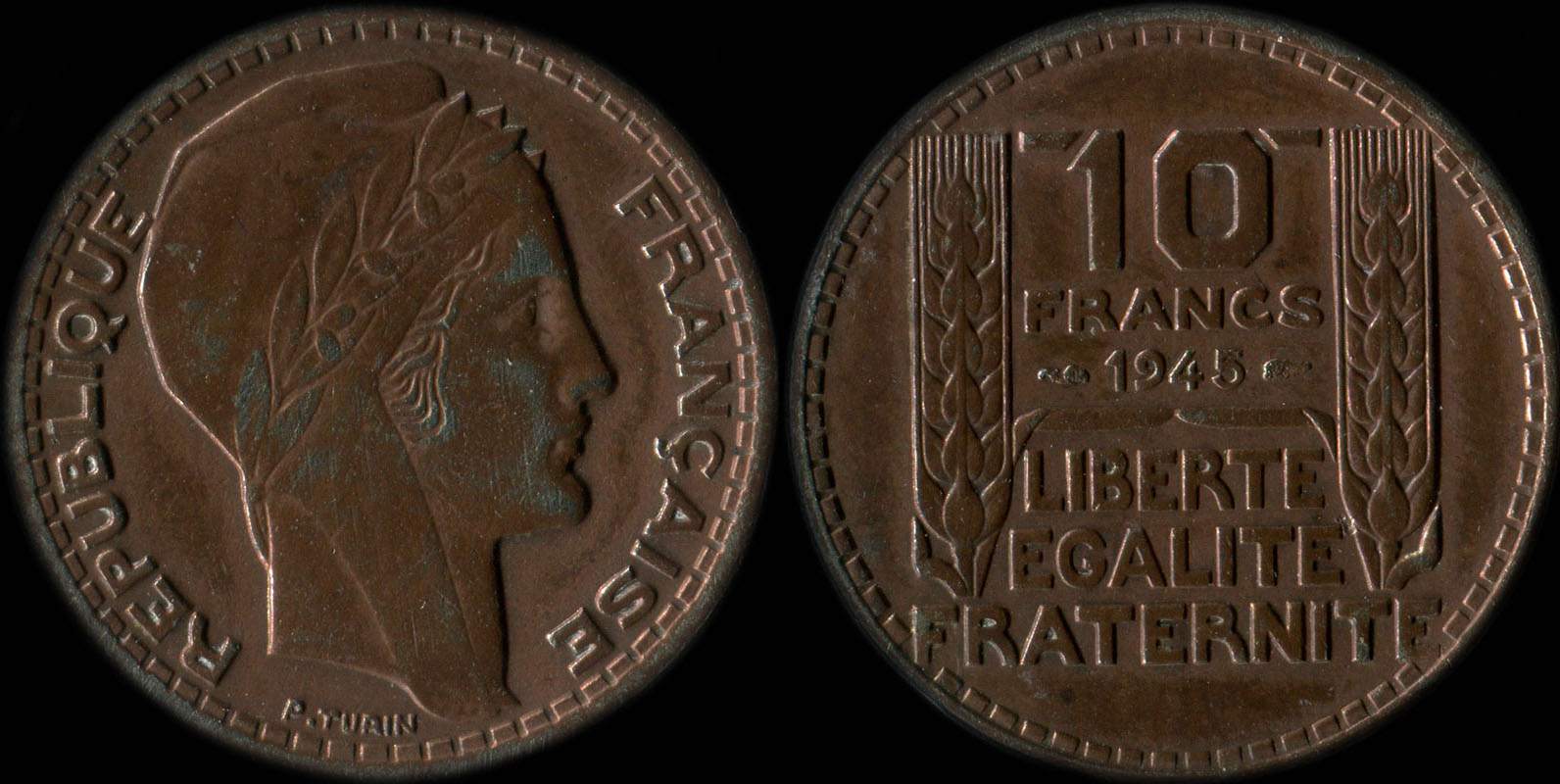 Pi�ce de 10 francs Turin � grosse t�te 1945 avec rameaux courts