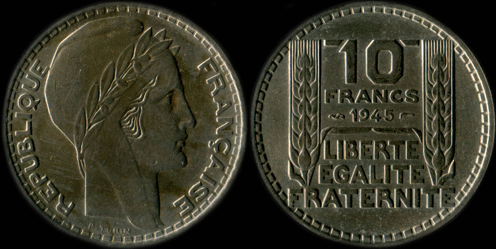 Pi�ce de 10 francs Turin � grosse t�te 1945 avec rameaux longs