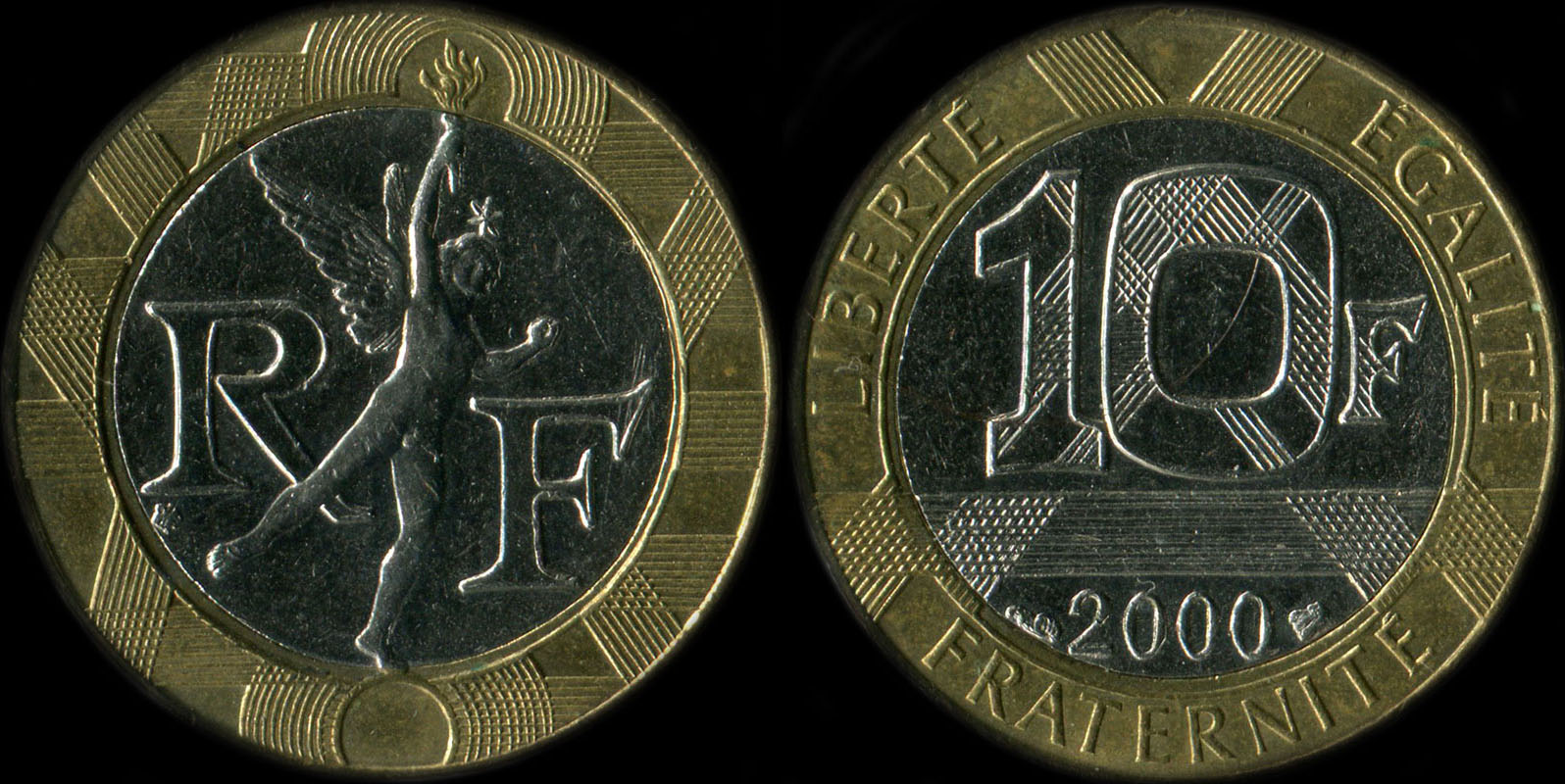 Pièce de 10 francs Génie 2000 différent de Pessac touche le cercle