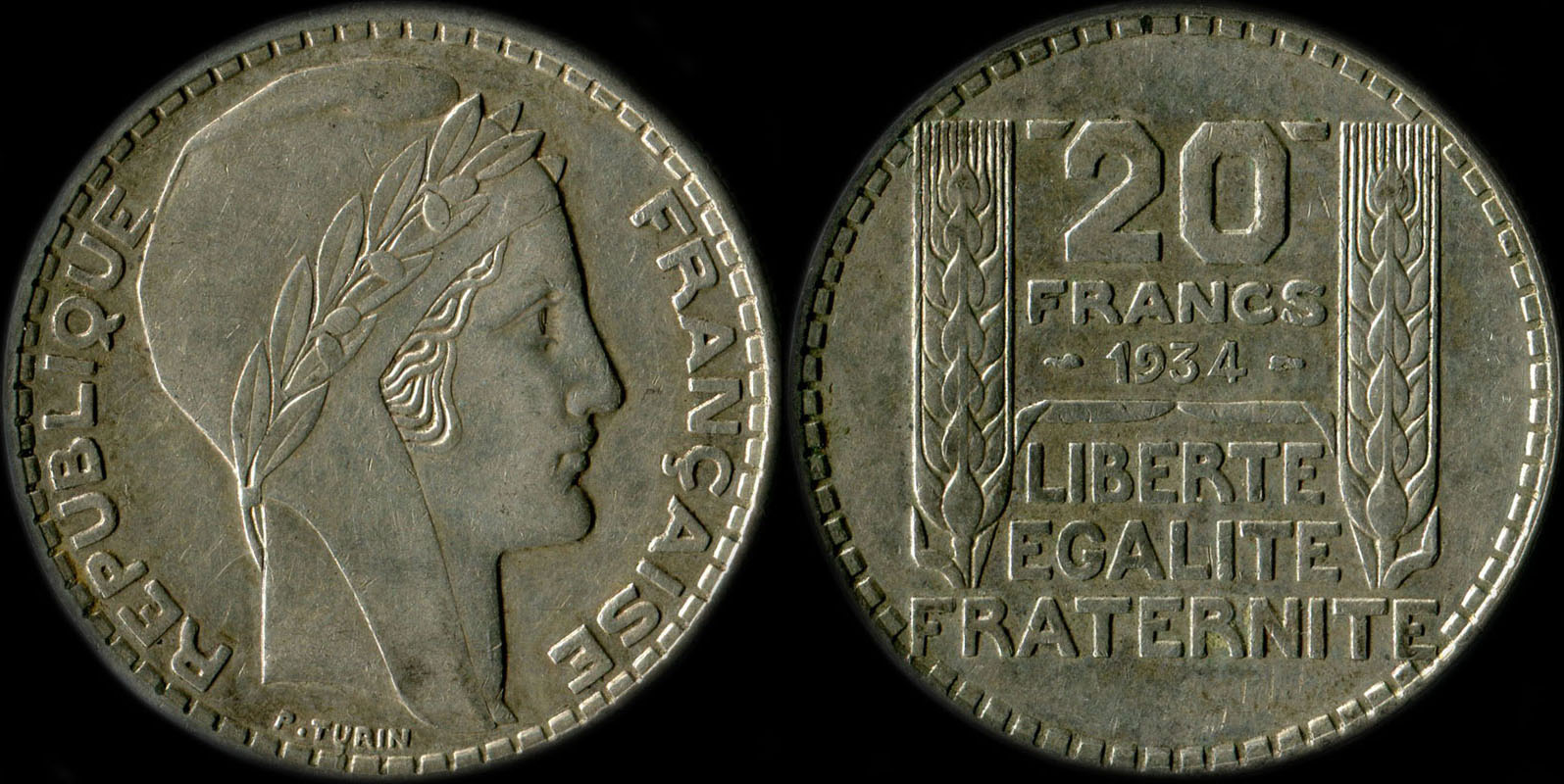 Variante 20 francs Turin 1934 avec double frappe du 1