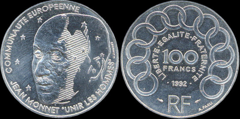 Pi�ce de 100 francs Jean Monnet 1992