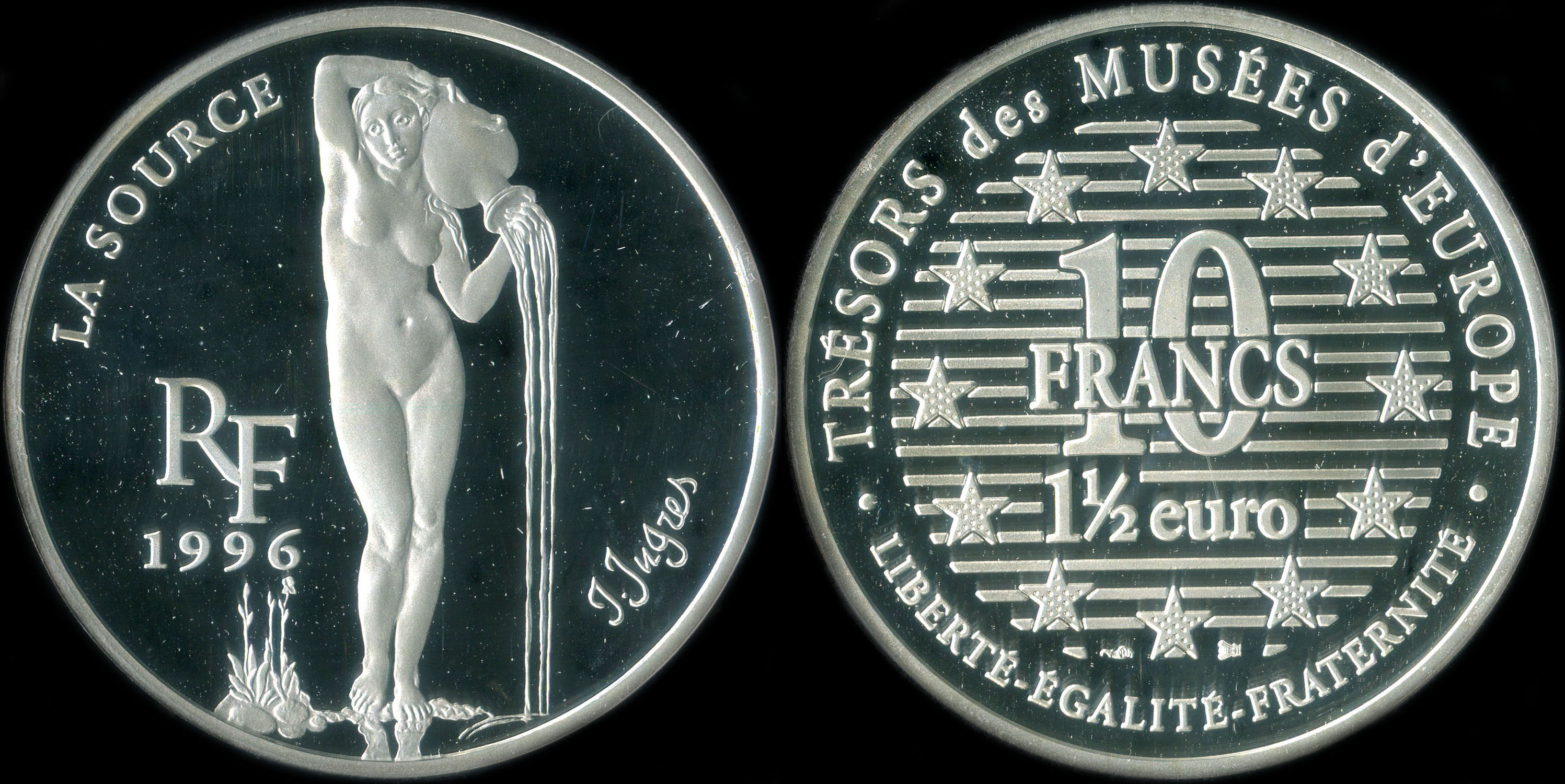 Pi�ce de 10 francs - 1 � euro 1996 - Tr�sors des Mus�es d'Europe - La Source par Jean-Auguste-Dominique Ingres