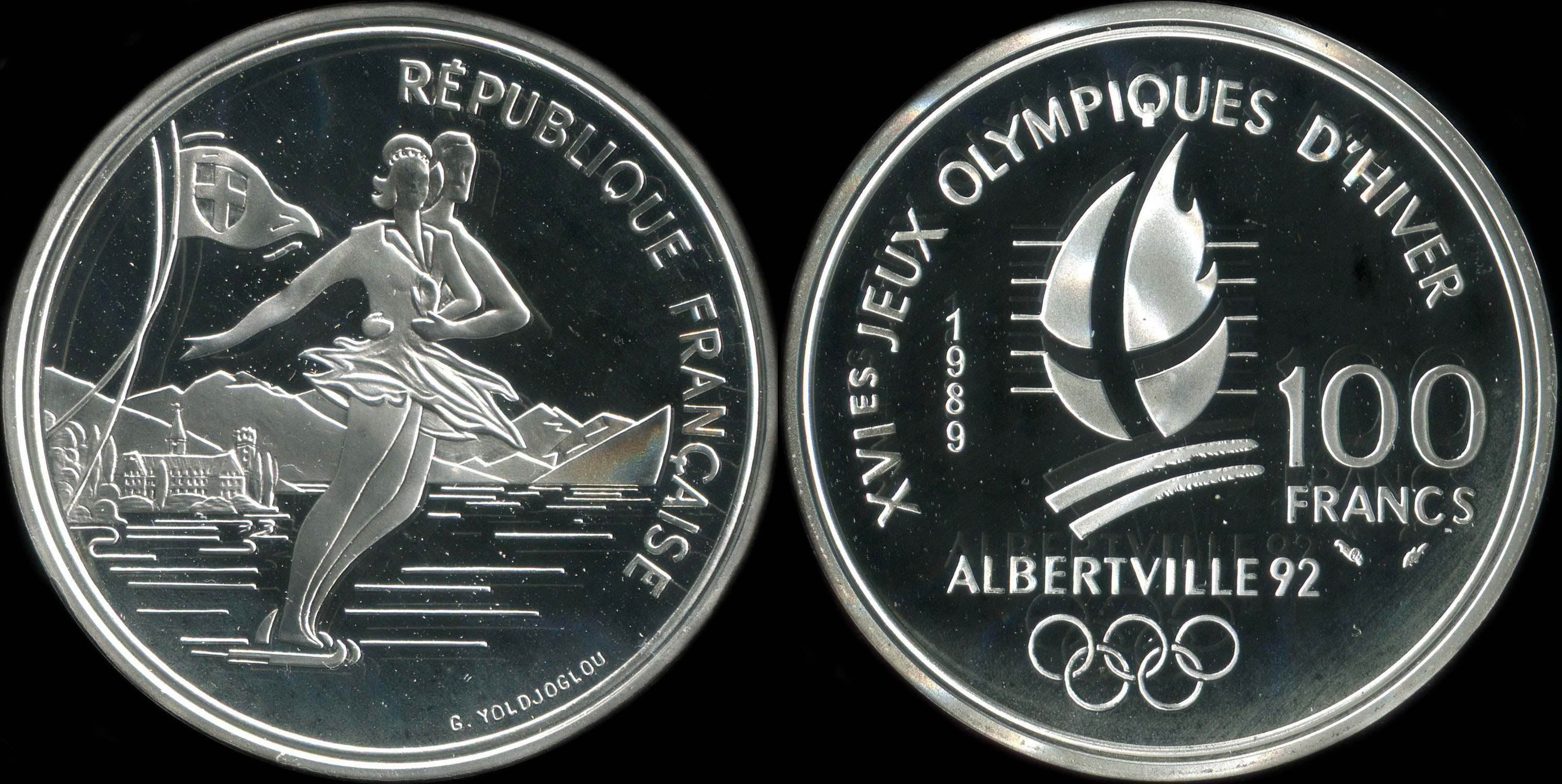 Pi�ce de 100 francs 1989 - XVIes Jeux Olympiques d'Hiver - Albertville 92 - Patinage artistique - Lac du Bourget