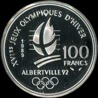 Pi�ce de 100 francs 1989 - XVIes Jeux Olympiques d'Hiver - Albertville 92 - Ski Alpin - Descente devant le Mont-Blanc - revers