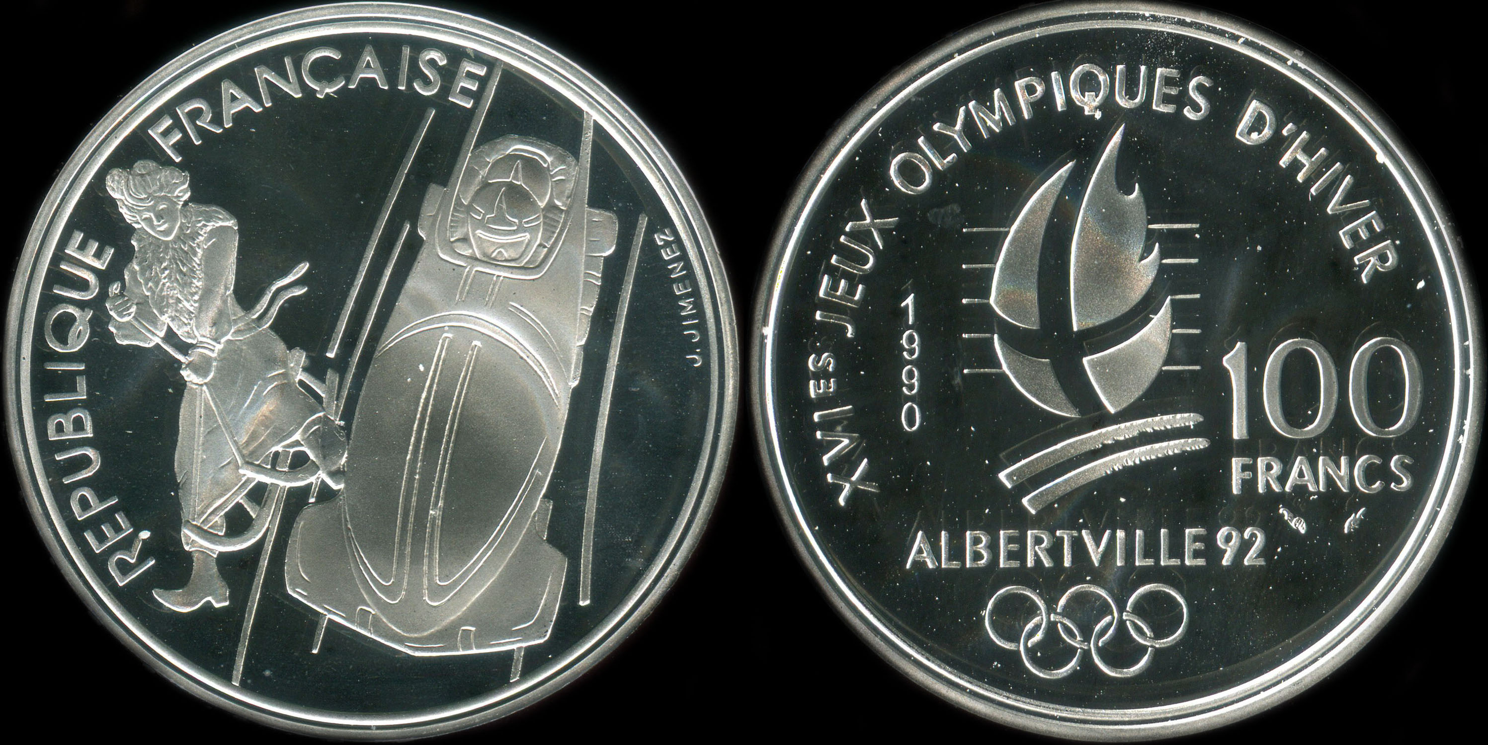 Pièce de 100 francs 1990 - XVIes Jeux Olympiques d'Hiver - Albertville 92 - Bobsleigh - Luge de la Belle Epoque