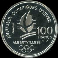 Pièce de 100 francs 1990 - XVIes Jeux Olympiques d'Hiver - Albertville 92 - Patinage de vitesse - Marmotte - revers