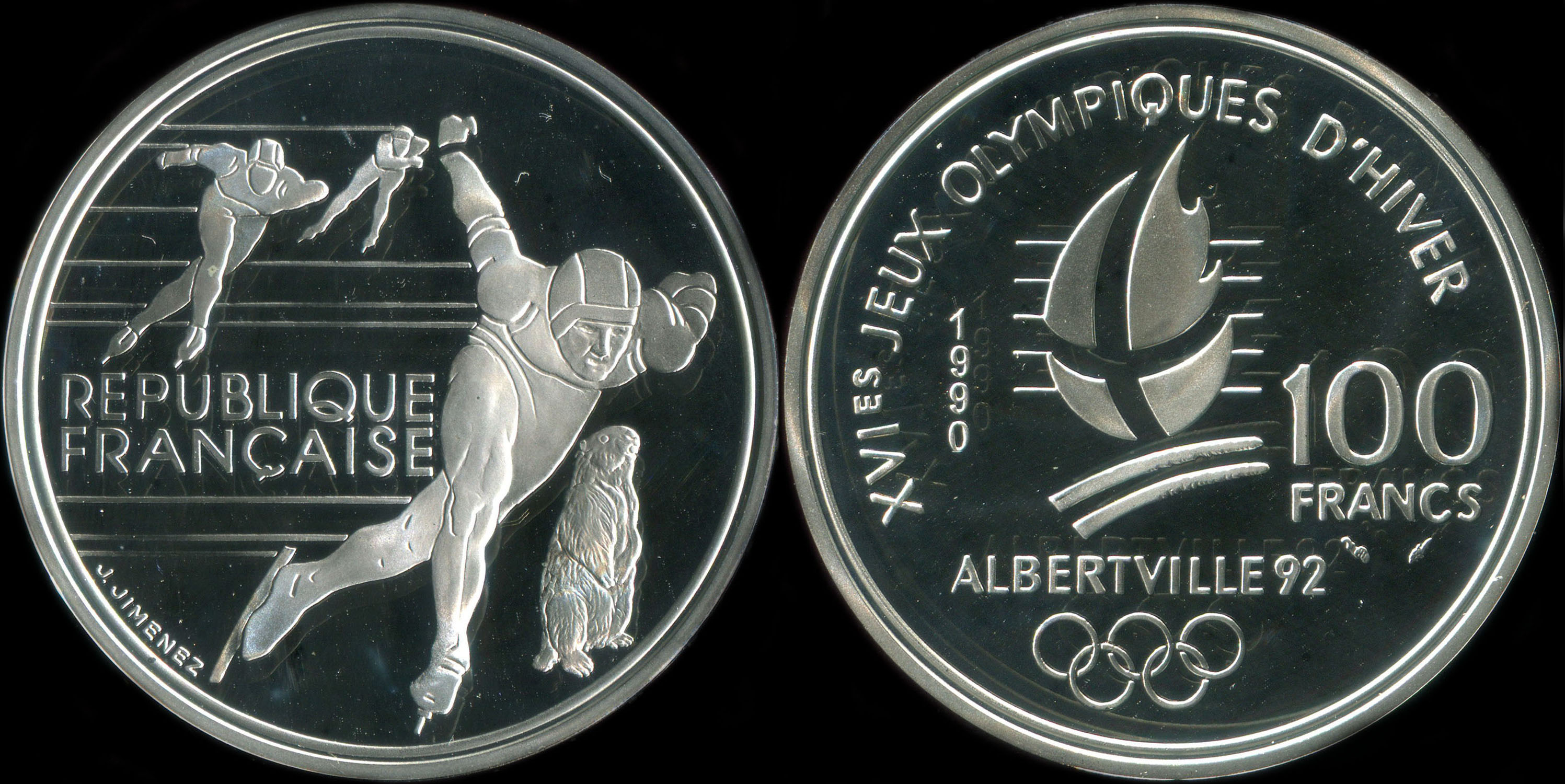 Pièce de 100 francs 1990 - XVIes Jeux Olympiques d'Hiver - Albertville 92 - Patinage de vitesse - Marmotte