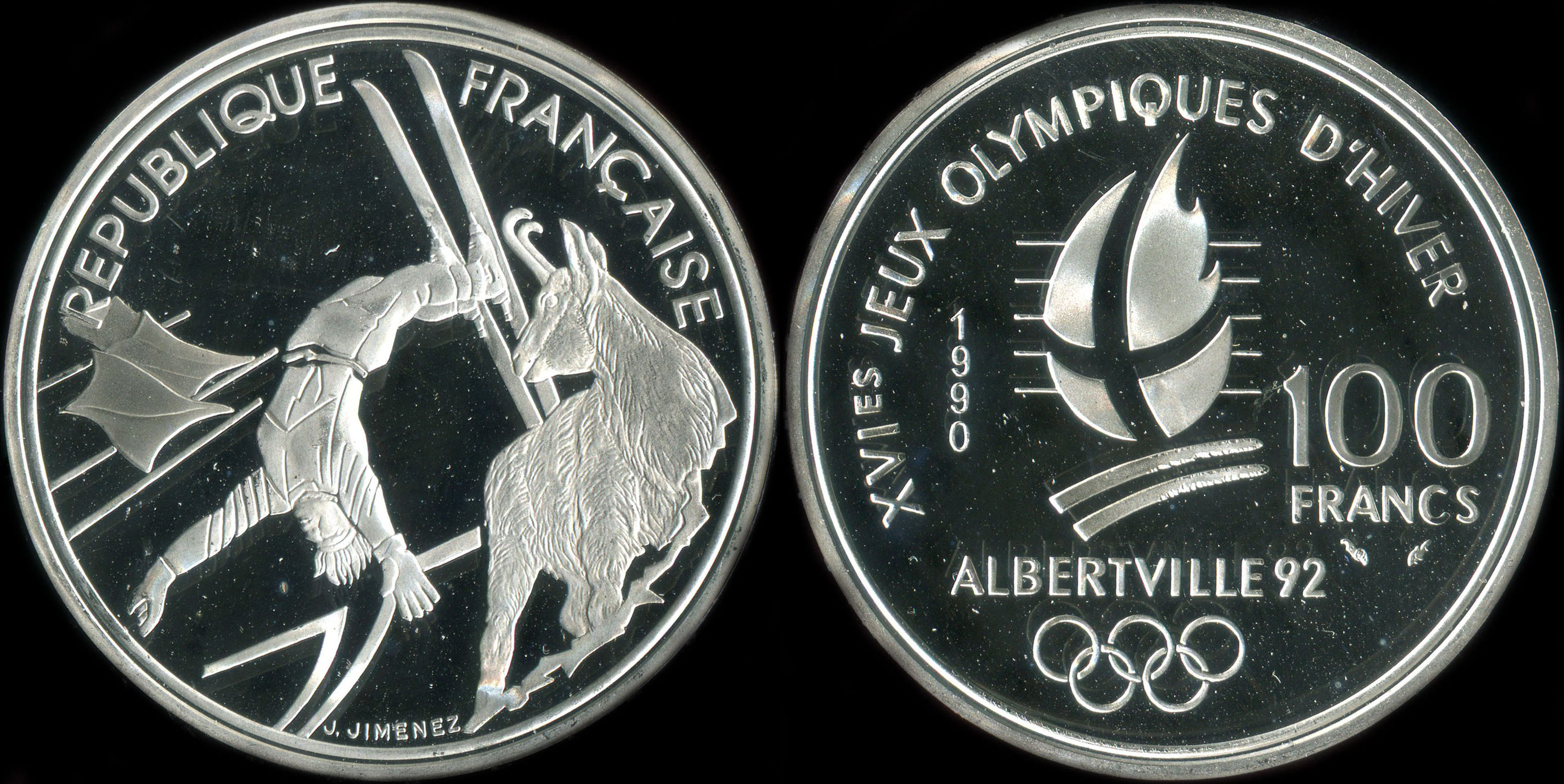 Pièce de 100 francs 1990 - XVIes Jeux Olympiques d'Hiver - Albertville 92 - Ski Acrobatique - Chamois