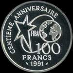 Pièce de 100 francs 1991 - Centenaire du Basket-Ball 1891-1991 - Fiba - Dribbleur - revers
