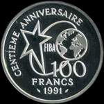 Pi�ce de 100 francs 1991 - Centenaire du Basket-Ball 1891-1991 - Fiba - Dribbleur - revers
